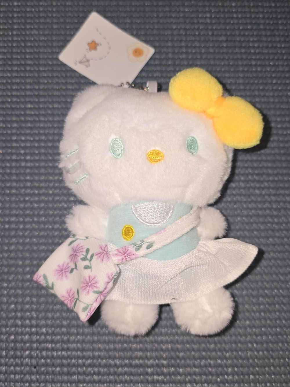 Plush White Hello Kitty Keychain w Yellow Bow, Skirt & Purse